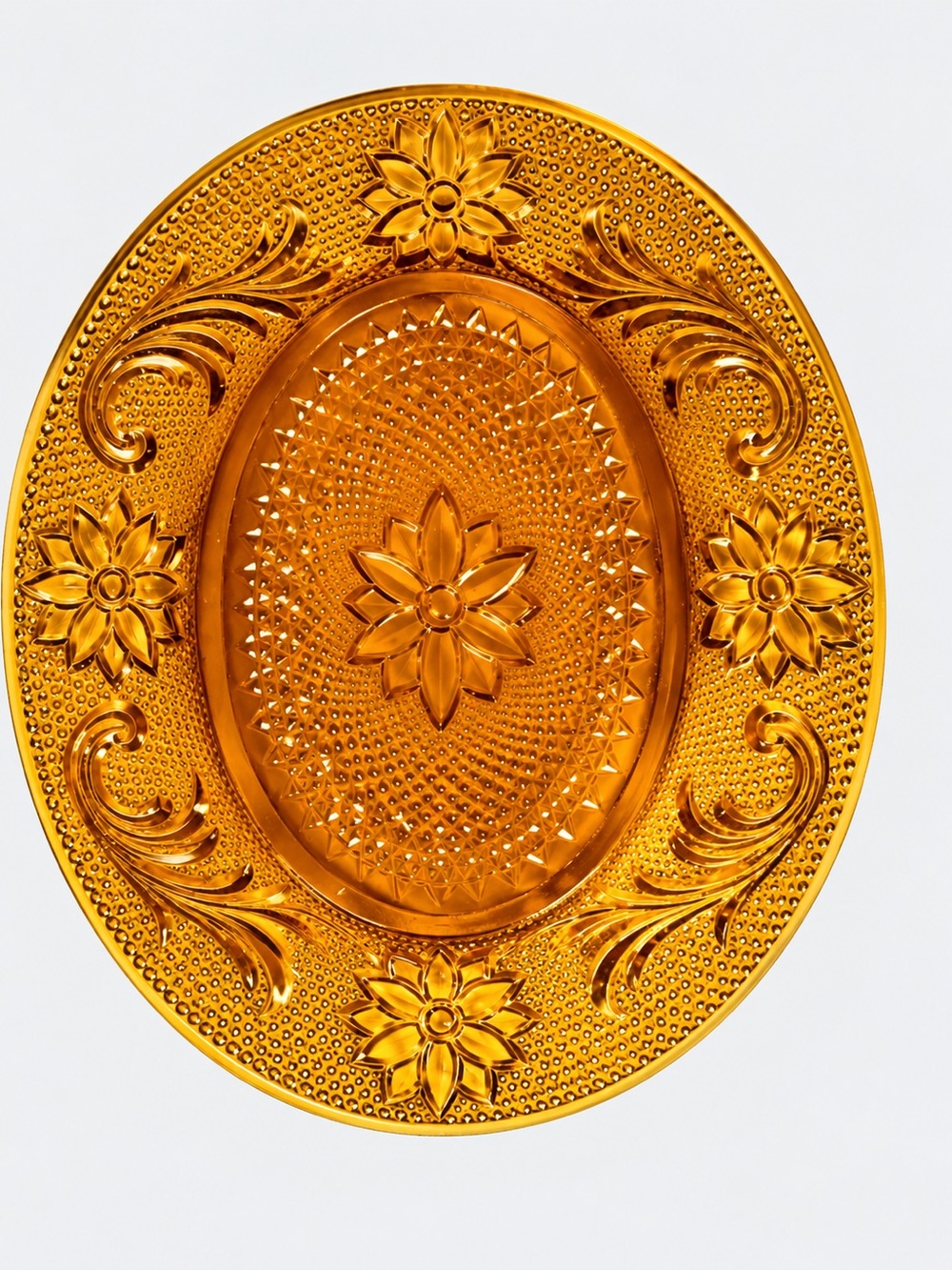 Vintage Amber Pressed Glass Oval Daisy Floral Serving Dishes – Set of 2